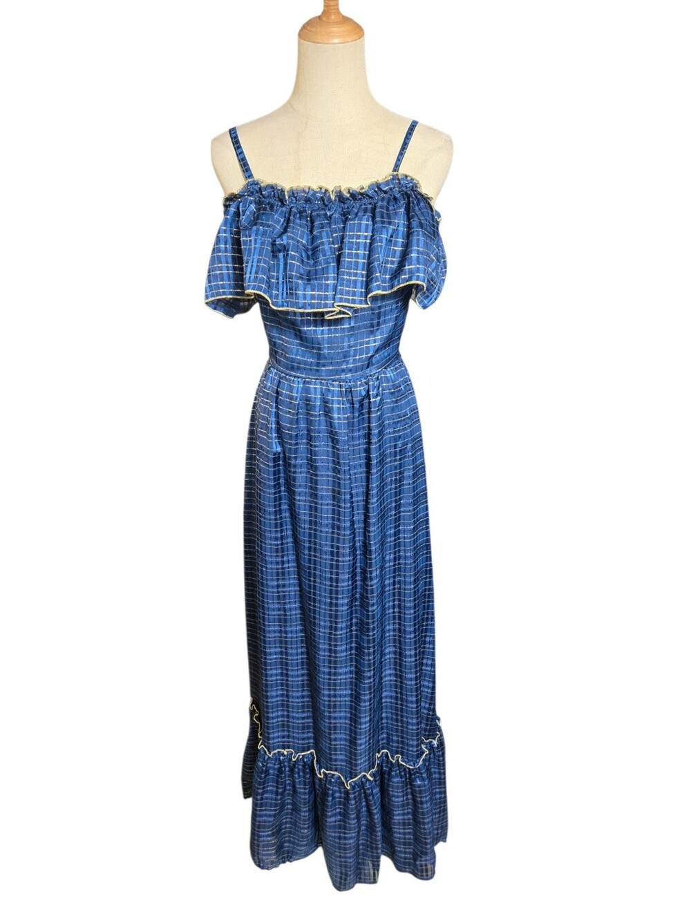 E & M Augustat Vintage Blue And Gold Off-Shoulder Maxi Dress